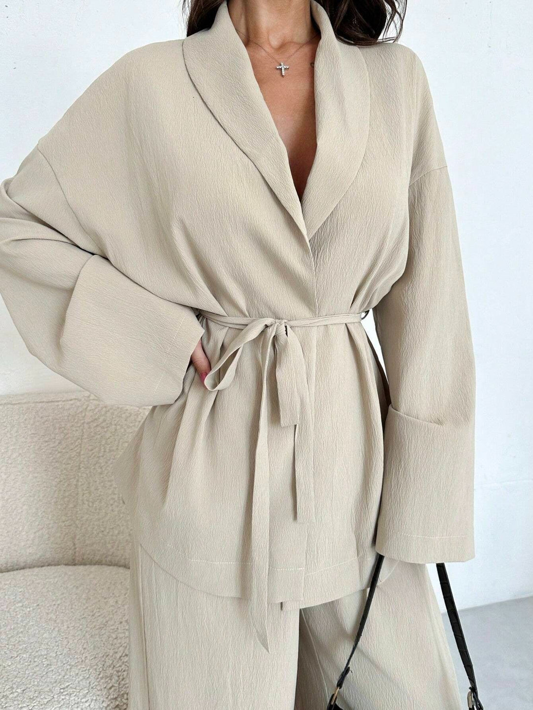 Damen lässige Oversized Blazerjacke mit Gürtel Drune