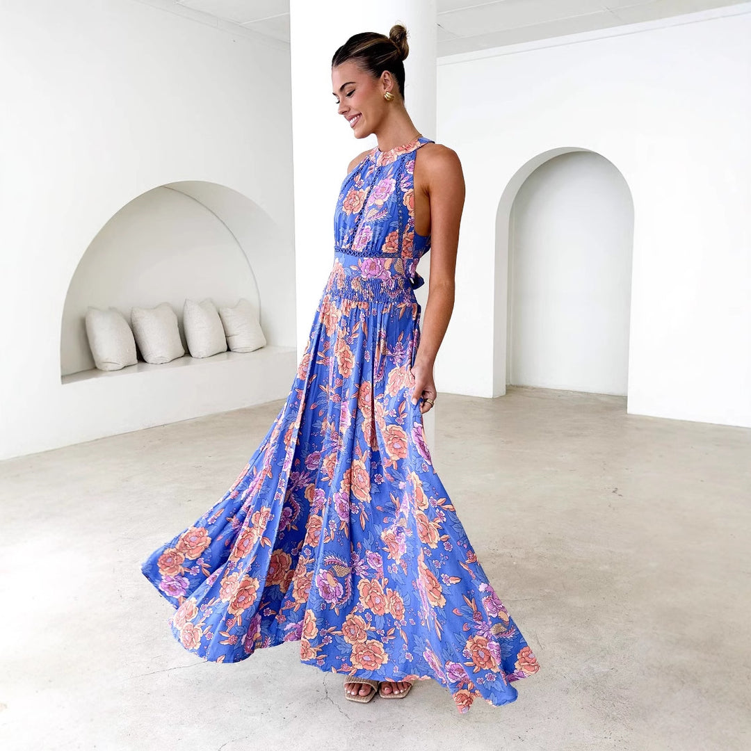 Damen Maxikleid mit hochgeschlossenem Ausschnitt und floralen Akzenten Drune