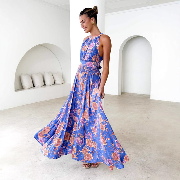 Damen Maxikleid mit hochgeschlossenem Ausschnitt und floralen Akzenten Drune