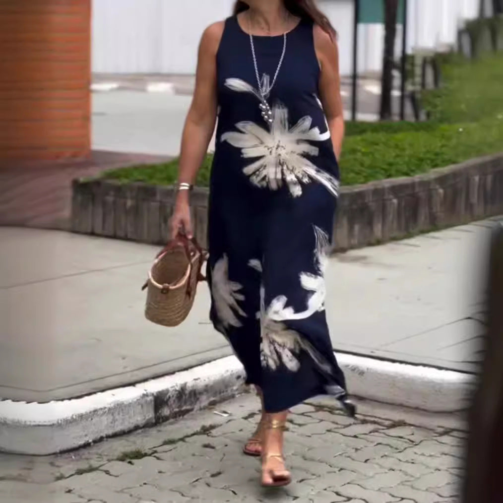 Damen nan ärmelloses lässiges Maxikleid aus Leichtjersey mit großflächigem Pinselblumenmuster und versteckten Seitentaschen Drune