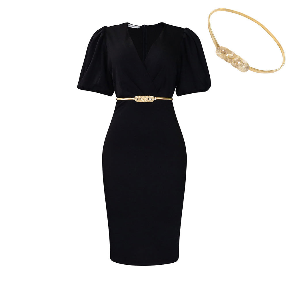 Damen Etui-Kleid mit eleganten Puffärmeln und modischem Taillengürtel Drune