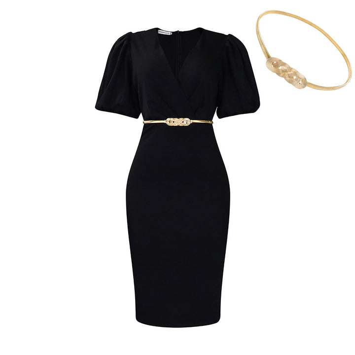 Damen Etui-Kleid mit eleganten Puffärmeln und modischem Taillengürtel Drune