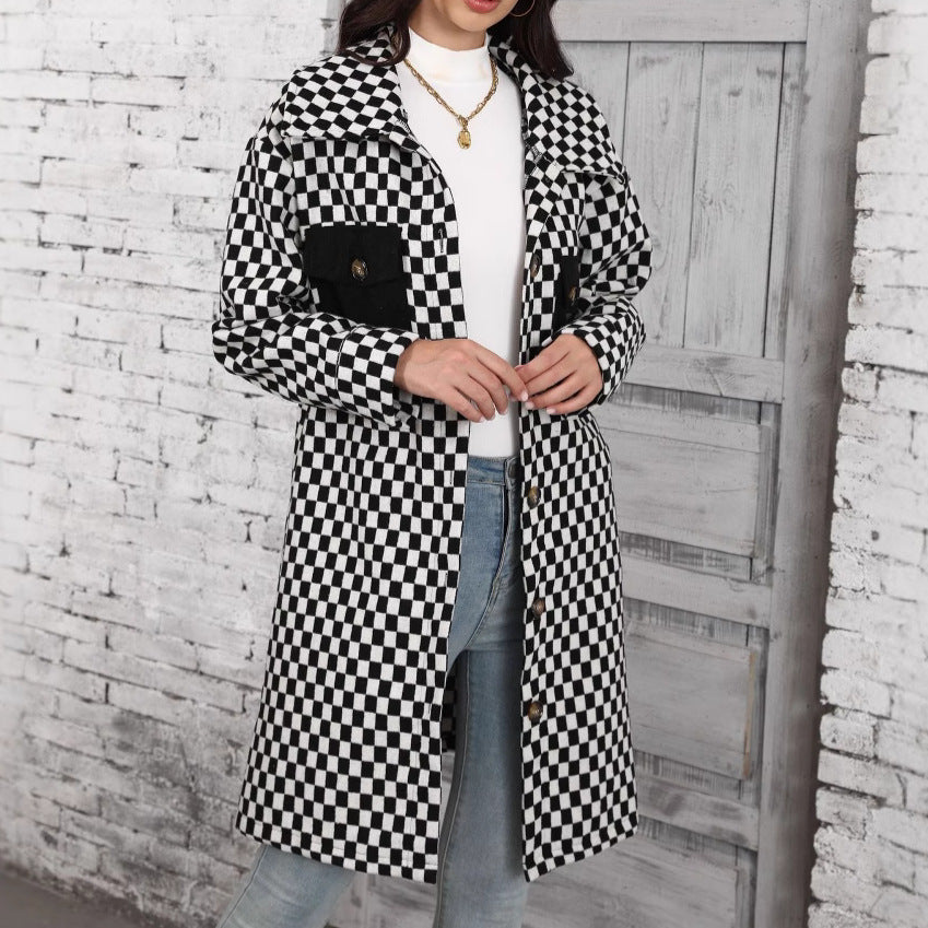 Damen Karierte Overshirtjacke mit Taschen und Knopfdetails Drune