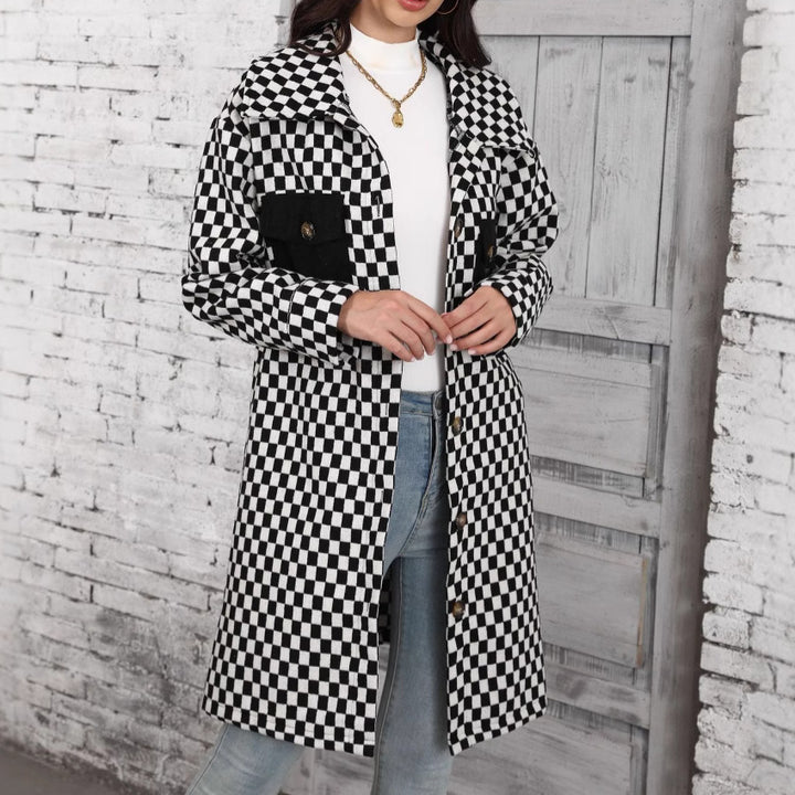 Damen Karierte Overshirtjacke mit Taschen und Knopfdetails Drune