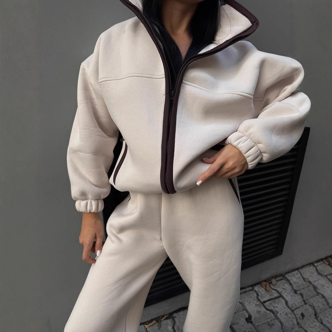Damen Zweiteiliges Teddyfleece-Lounge-Set mit Stehkragen und weitem Joggerbein Drune