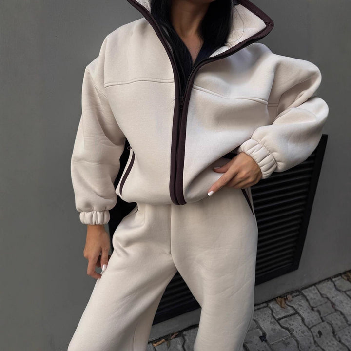 Damen Zweiteiliges Teddyfleece-Lounge-Set mit Stehkragen und weitem Joggerbein Drune