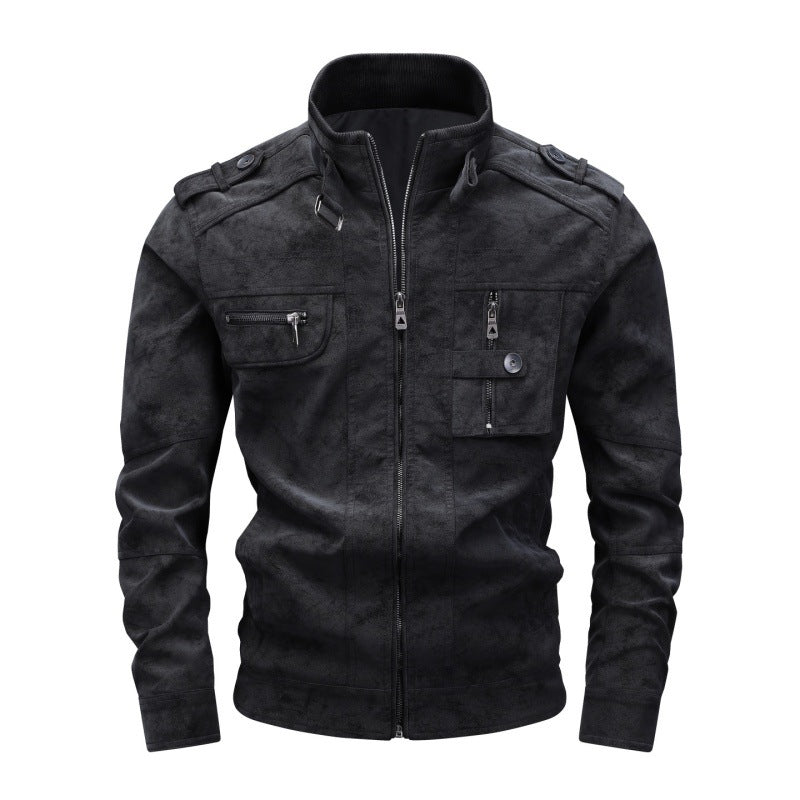 Herren Wildlederoptik-Fieldjacke mit Stehkragen, Schulterklappen und multiplen Reißverschlusstaschen Drune