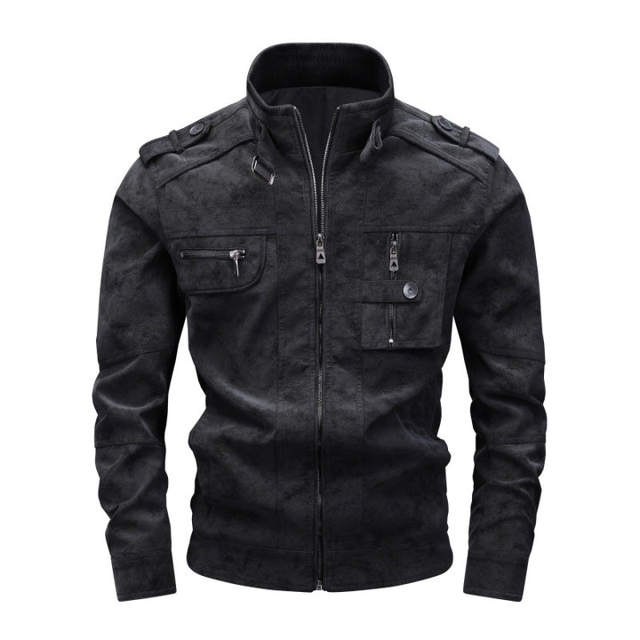 Herren Wildlederoptik-Fieldjacke mit Stehkragen, Schulterklappen und multiplen Reißverschlusstaschen Drune