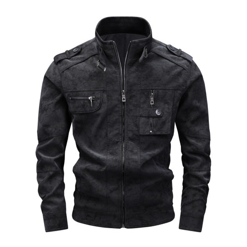 Herren Wildlederoptik-Fieldjacke mit Stehkragen, Schulterklappen und multiplen Reißverschlusstaschen Drune