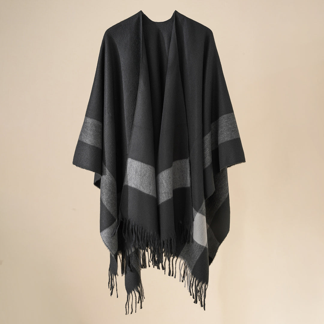 Damen Wollmix‑Schulterponcho mit Fransensaum und kontrastierenden Blockstreifen Drune