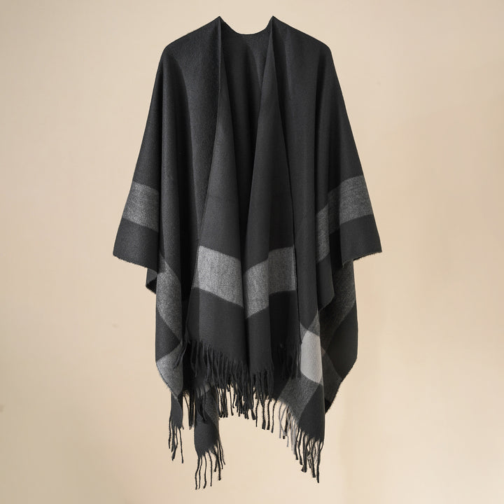 Damen Wollmix‑Schulterponcho mit Fransensaum und kontrastierenden Blockstreifen Drune