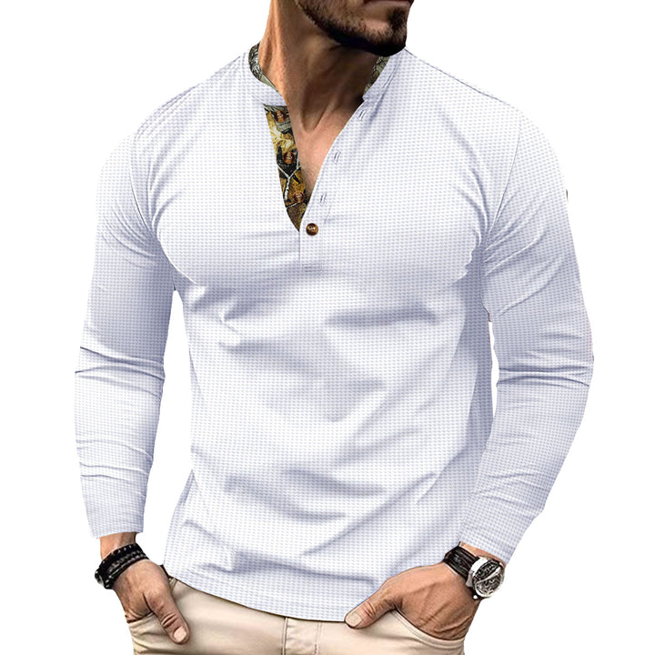 Herren nan langärmeliges Henley-Shirt mit Stehkragen und gemustertem Knopfleistenbesatz Drune