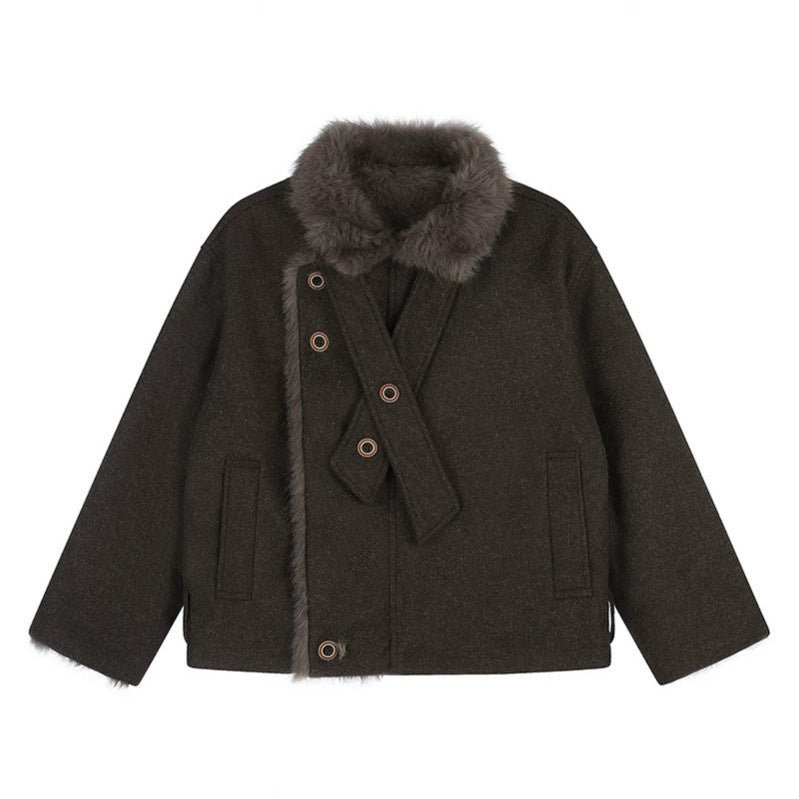 Damen Kurz geschnittene Wolljacke mit Kunstfellbesatz und asymmetrischer Knopfleiste Drune