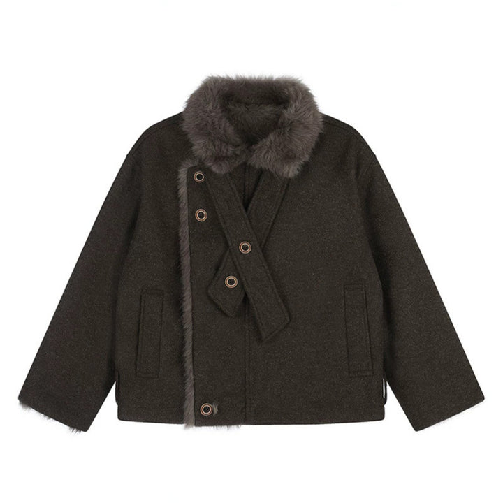 Damen Kurz geschnittene Wolljacke mit Kunstfellbesatz und asymmetrischer Knopfleiste Drune