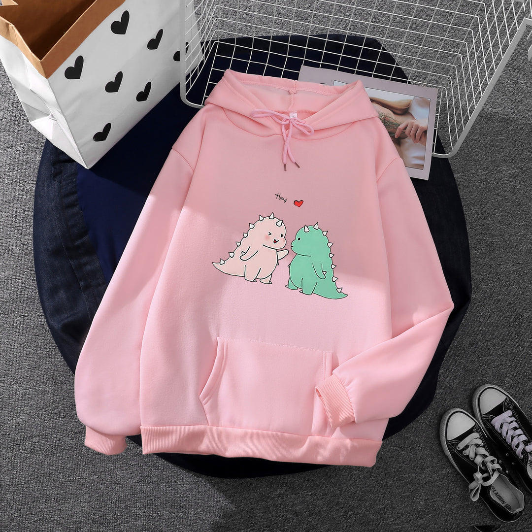Damen nan Kapuzenpullover mit niedlicher Dinosaurierpärchen‑Illustration, Oversize‑Schnitt und Kängurutasche Drune