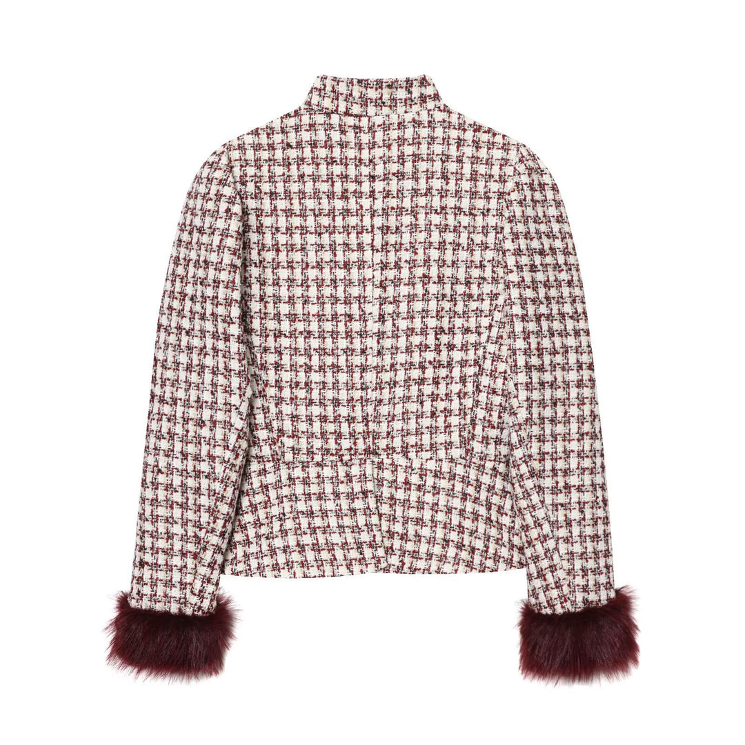 Damen Kurzjacke aus Bouclé-Tweed mit Stehkragen und Kunstfellbündchen Drune
