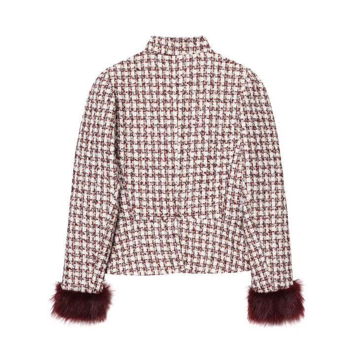 Damen Kurzjacke aus Bouclé-Tweed mit Stehkragen und Kunstfellbündchen Drune