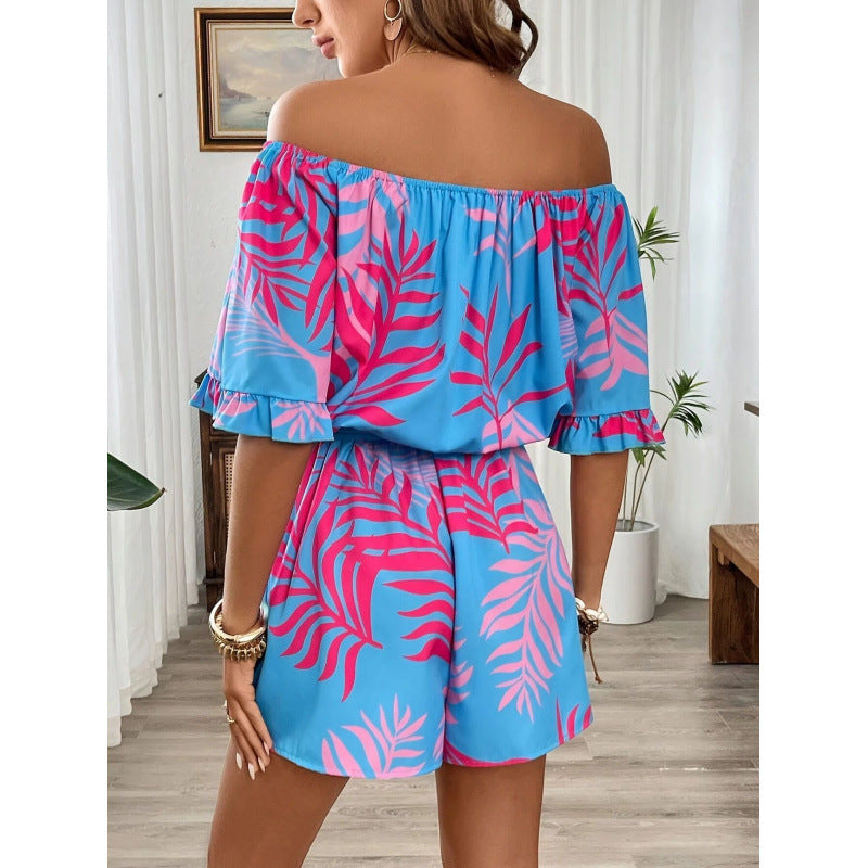 Damen Off-Shoulder Jumpsuit mit floralem Design und elastischem Bund Drune