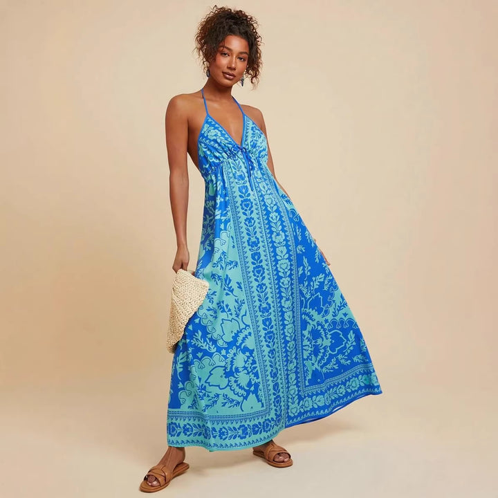 Damen Maxikleid mit tiefem V-Ausschnitt und floralen Musterdetails Drune
