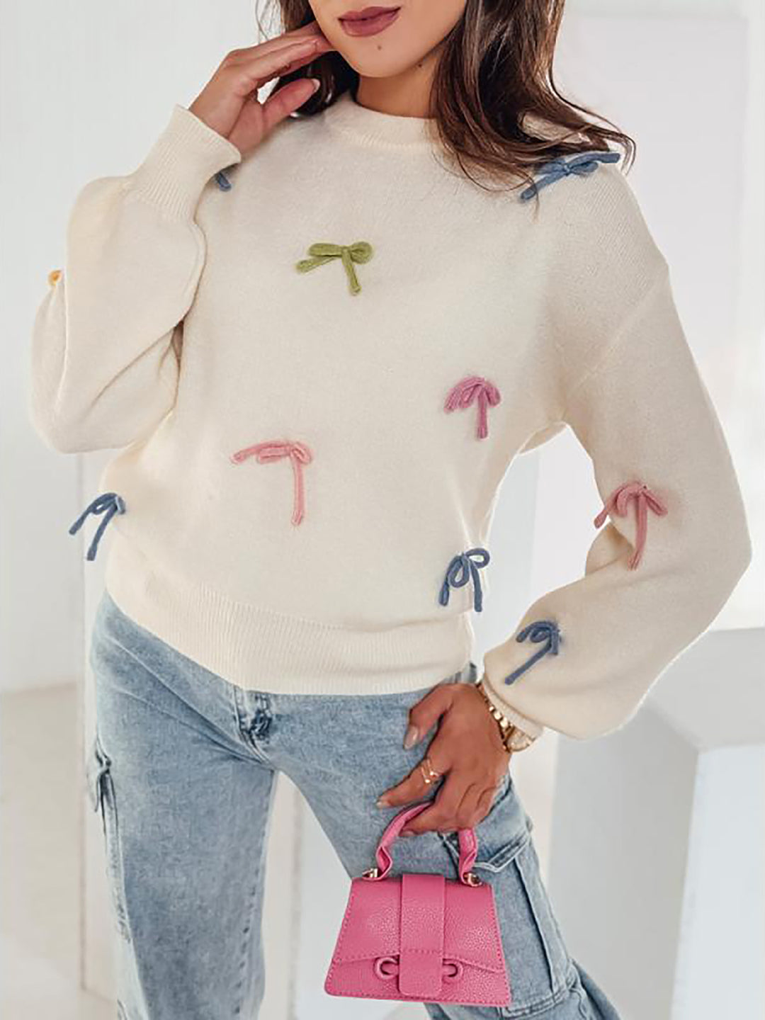 Damen Strickpullover mit verspielten Schleifenapplikationen und lässigem Schnitt Drune