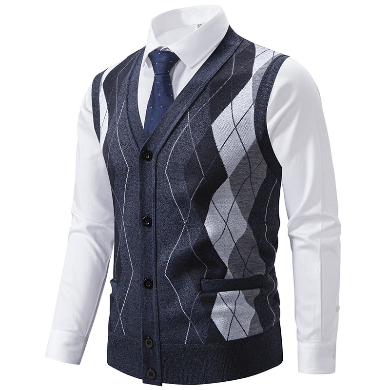 Herren elegante Strickweste mit klassischem Rautenmuster und praktischen Taschen Drune
