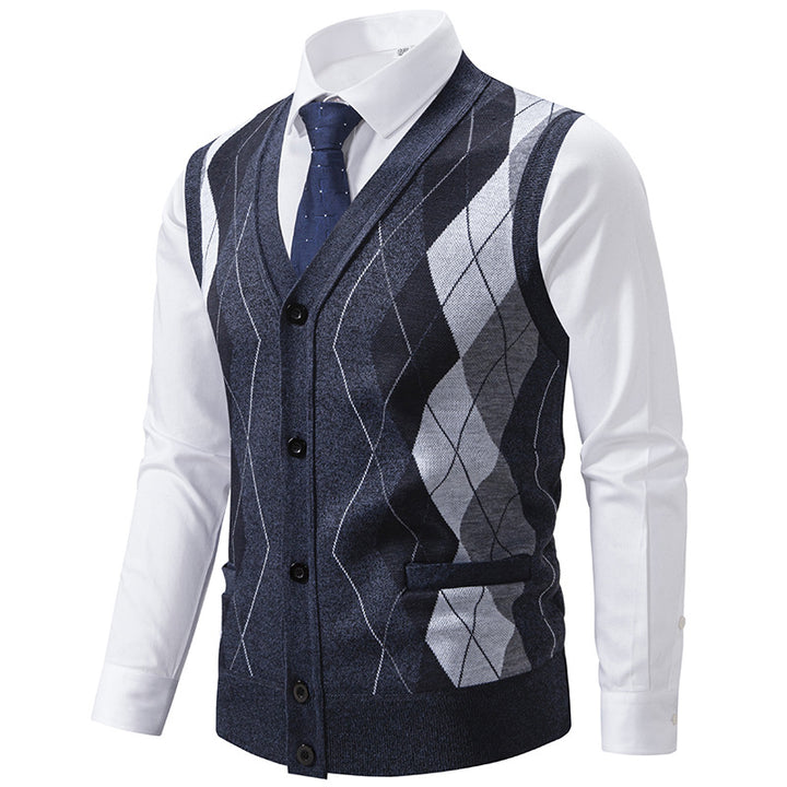 Herren elegante Strickweste mit klassischem Rautenmuster und praktischen Taschen Drune