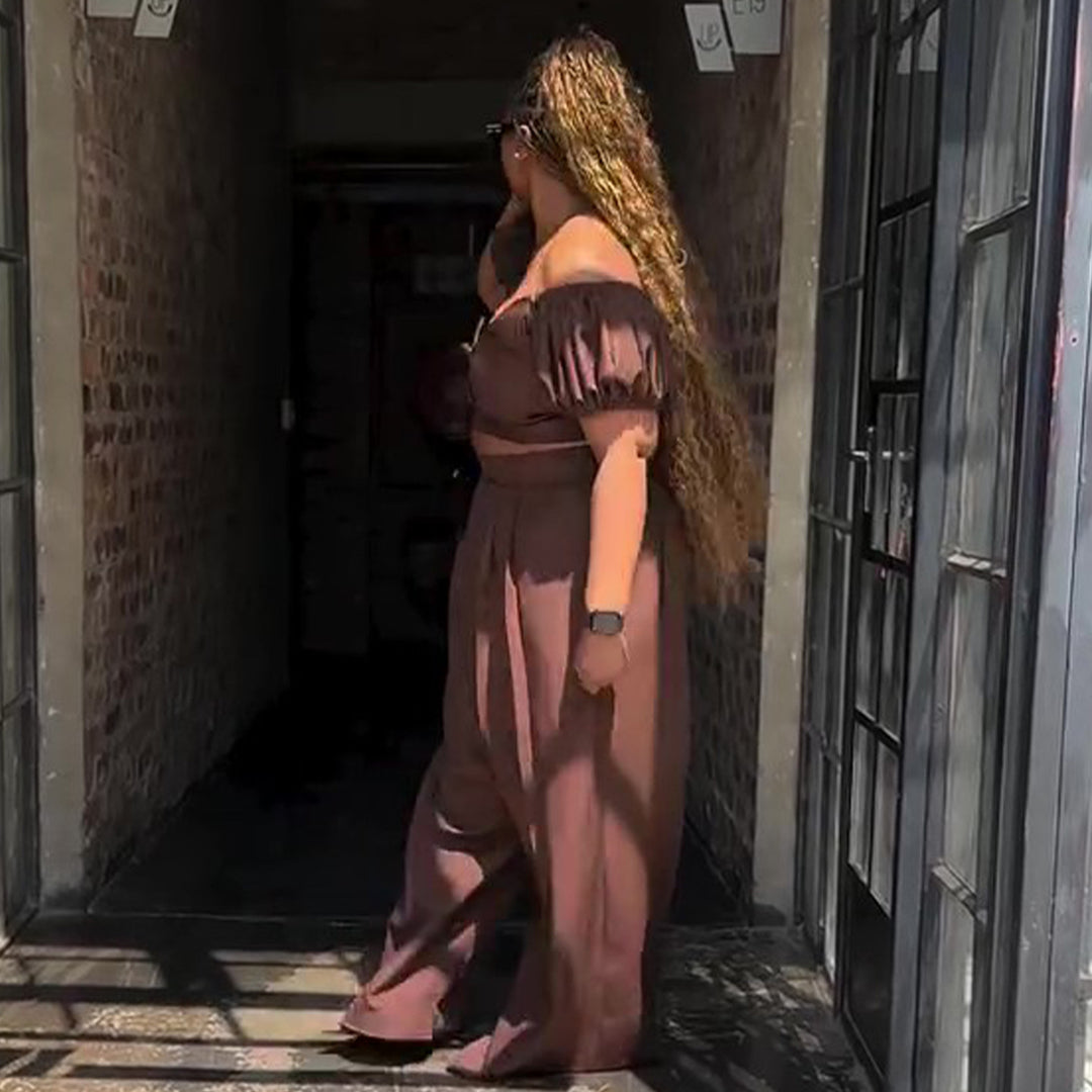 Damen Crop-Top und Palazzo-Hosen Set mit voluminösen Ärmeln und eleganten Falten Drune