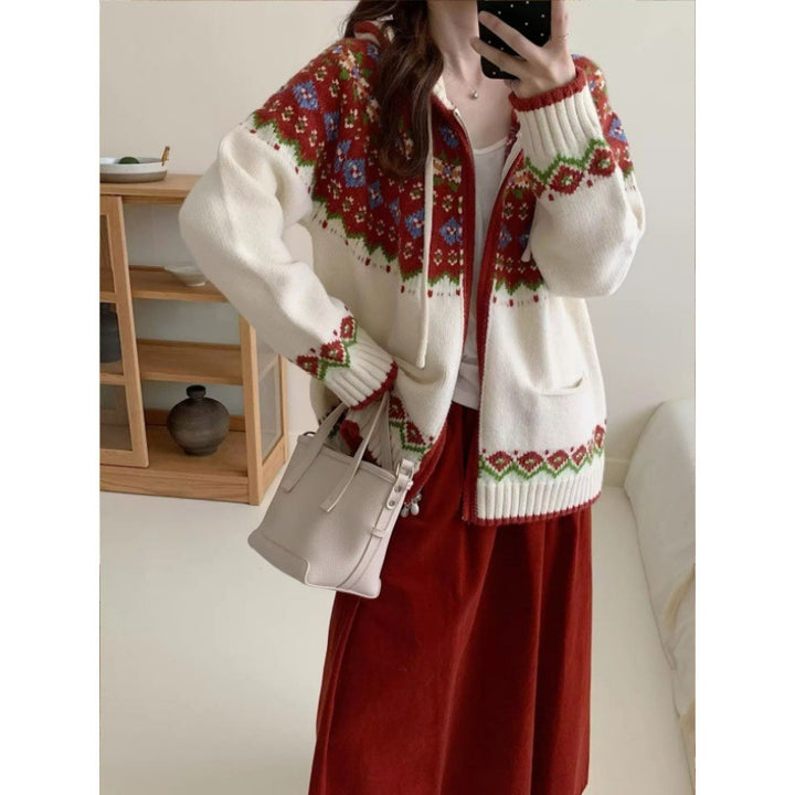 Damen Hübsche Strickjacke mit farbenfrohem Muster und Taschen Drune