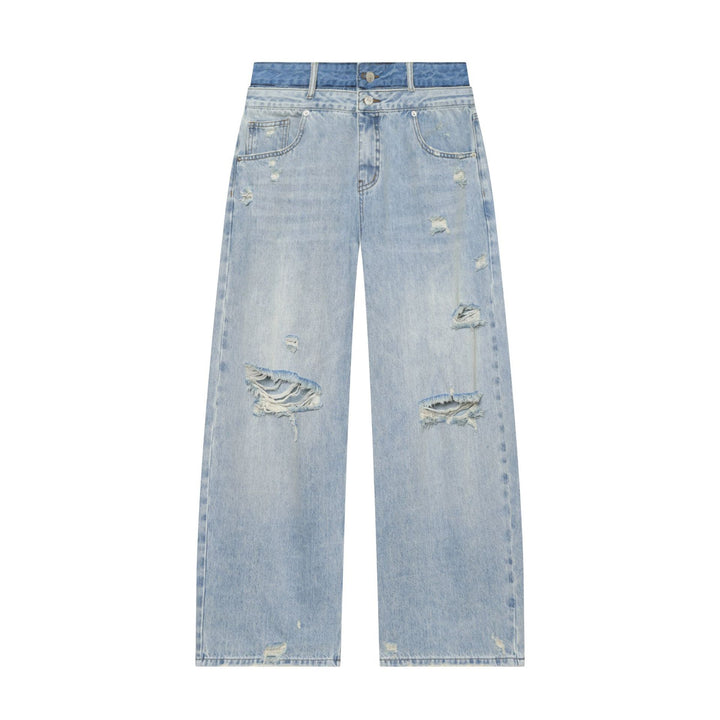 Damen nan weite zerrissene Jeans mit hoher Taille und Bindeband Drune