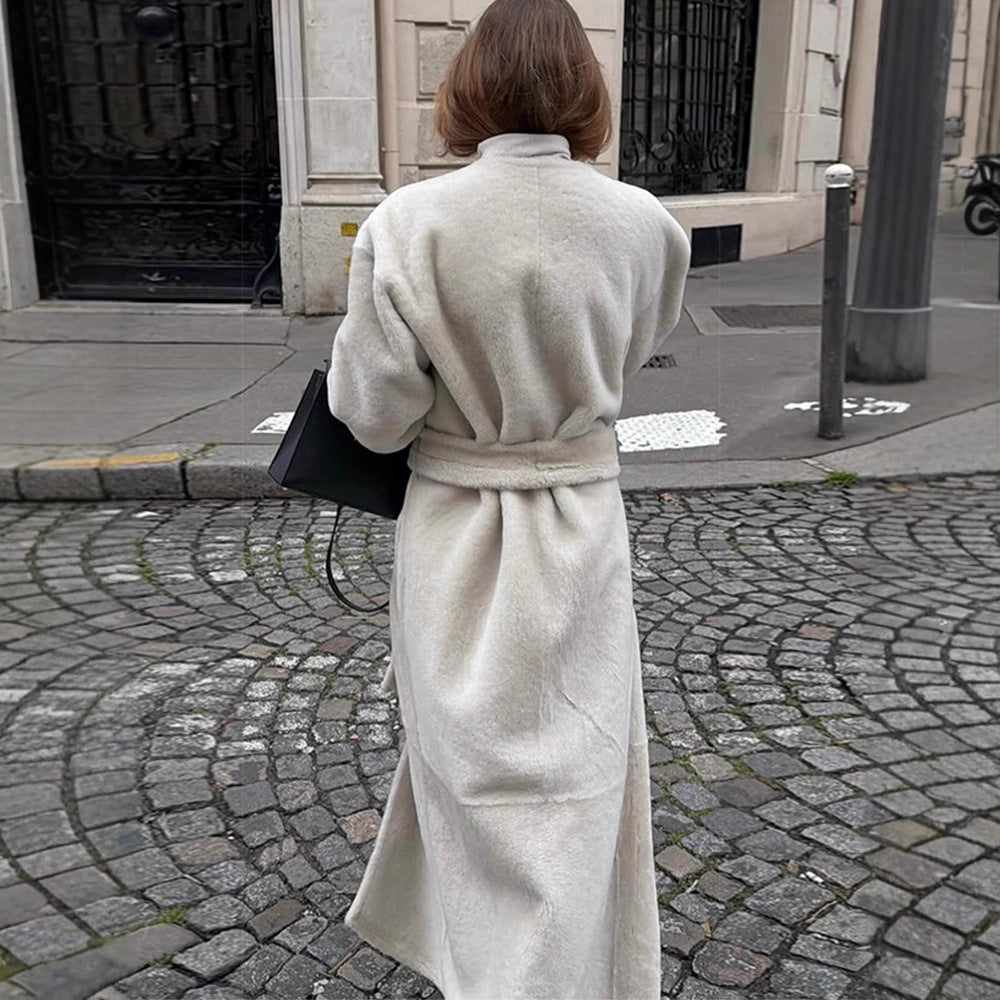Damen Oversize Langer Kunstfell-Mantel mit Taillengürtel und Stehkragen Drune