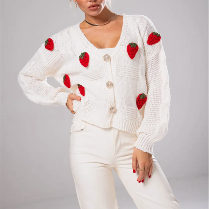 Damen Kurzgeschnittene Strickjacke mit V‑Ausschnitt und gehäkelten Erdbeerapplikationen Drune