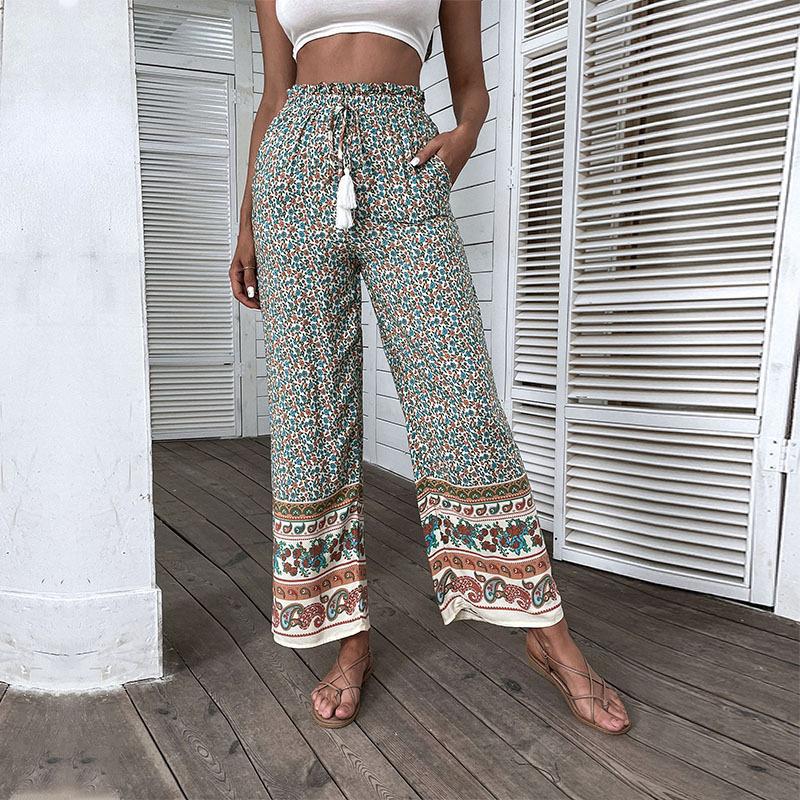 Damen Leichte Boho-Hose mit weitem Bein, elastischem Bund, Quasten-Kordel und Bordürendruck Drune