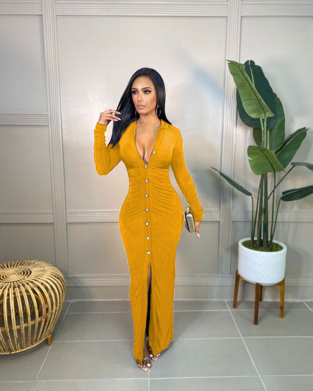 Damen Figurbetontes Maxikleid mit Knopfleiste, Raffung und tiefem V-Ausschnitt Drune