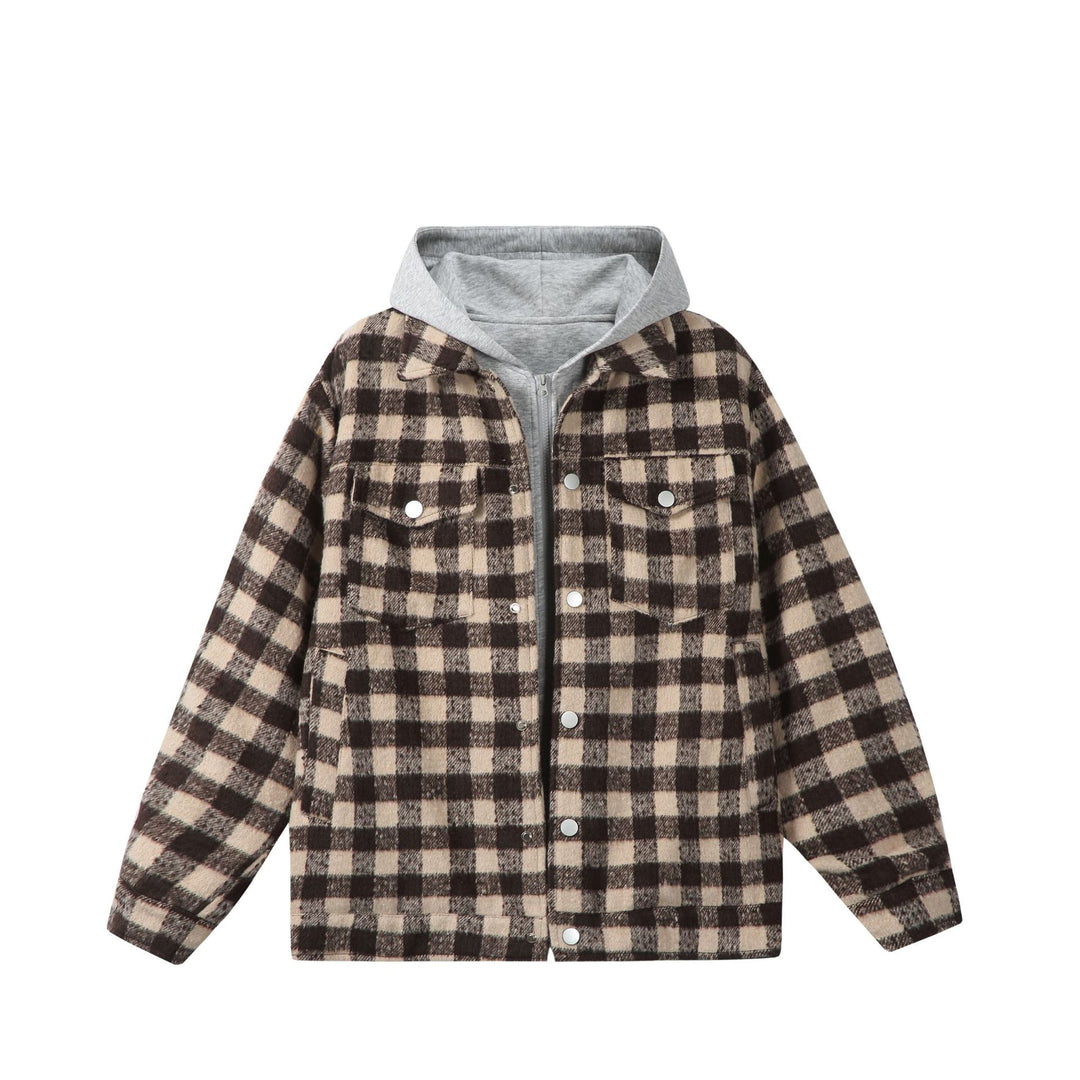 Damen Kurzblouson im Shacket‑Stil mit Karo‑Wolloptik und integrierter Sweatkapuze Drune