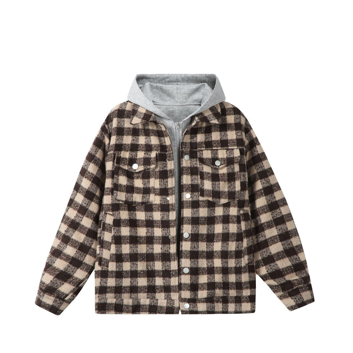 Damen Kurzblouson im Shacket‑Stil mit Karo‑Wolloptik und integrierter Sweatkapuze Drune