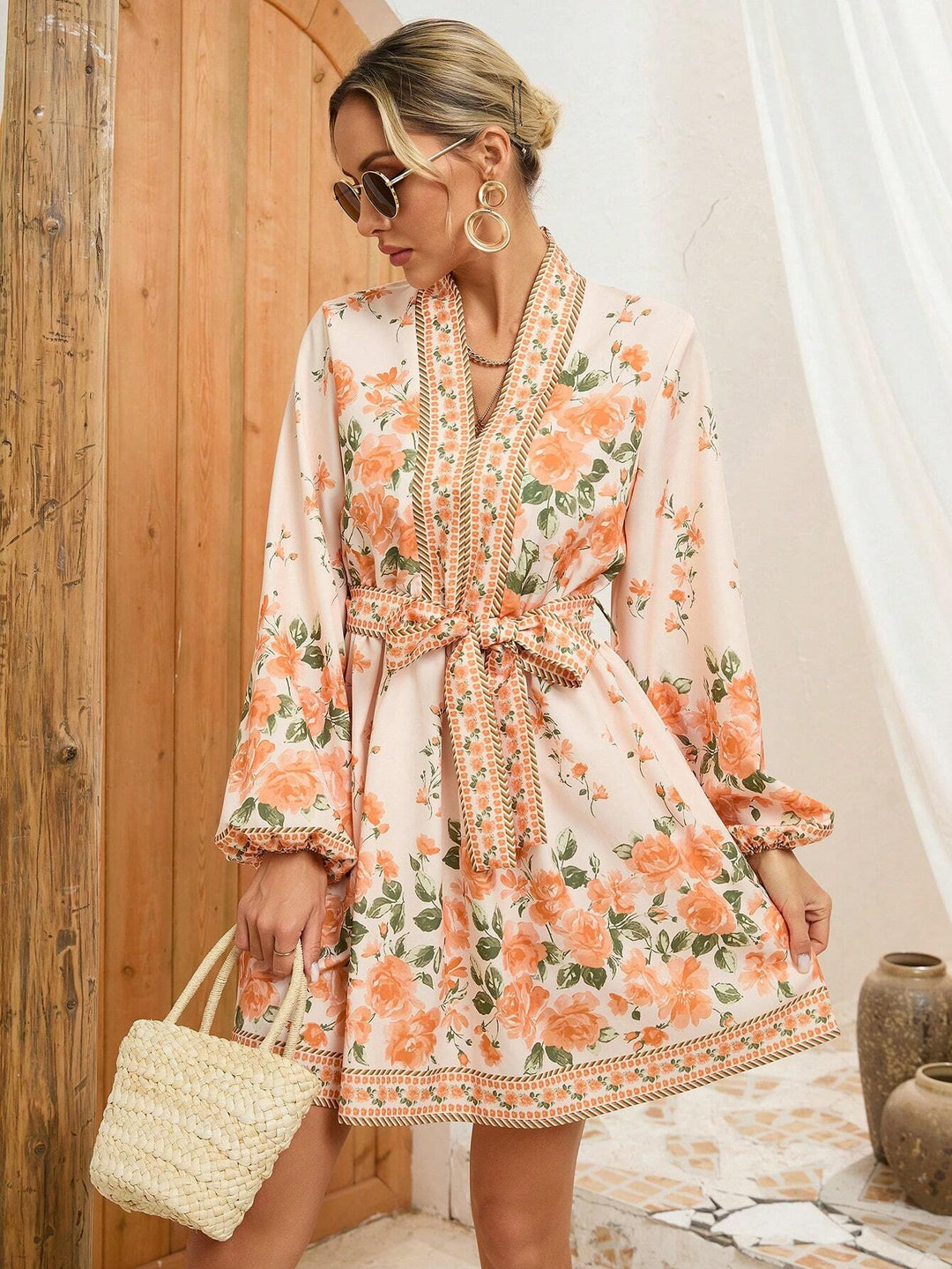 Damen Sommerliches Blumenkleid mit eleganter Taillenschnürung und langen Ärmeln Drune