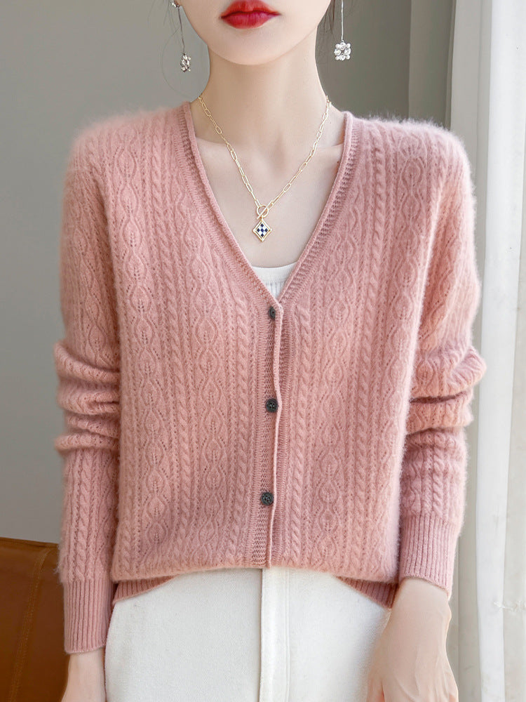 Damen Kurzer Zopfmuster-Cardigan im Mohair-Look mit V‑Ausschnitt und gerippten Bündchen Drune