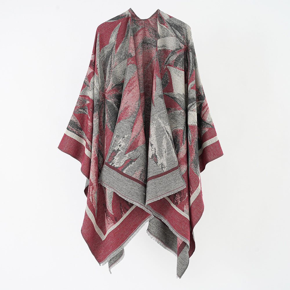 Damen Jacquard-Überwurfponcho mit floral-abstrakter Webstruktur und weichfallendem Oversize-Cape Drune