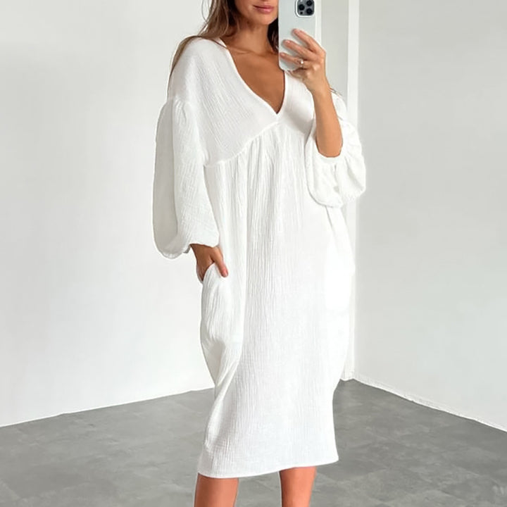 Damen lässiges Oversized-Kleid mit voluminösen Ärmeln und V-Ausschnitt Drune