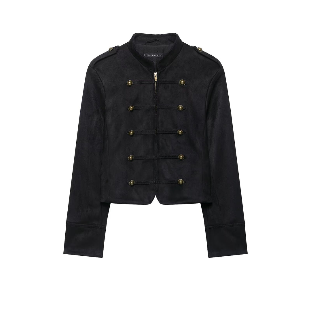 Damen Kurze Veloursjacke im Budapester‑Militärstil mit Stehkragen und dekorativen Metallknöpfen Drune