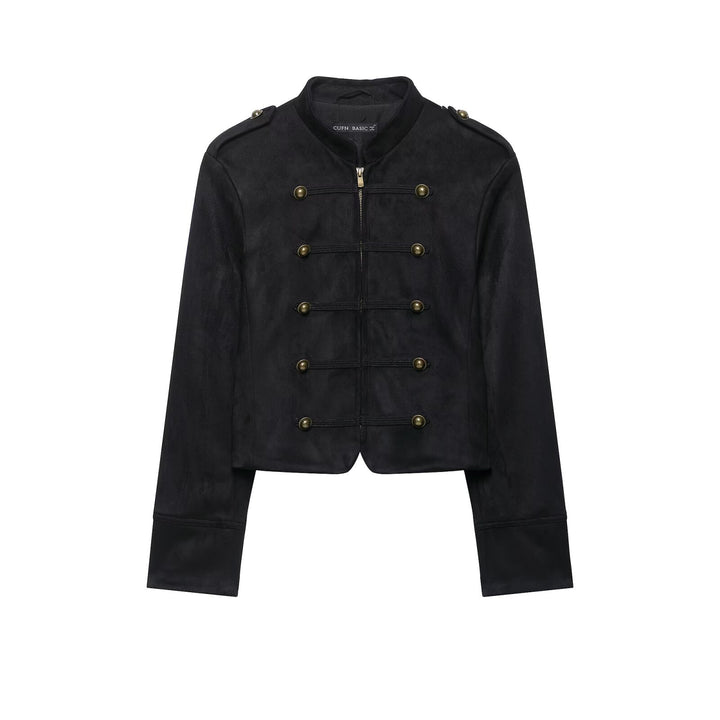 Damen Kurze Veloursjacke im Budapester‑Militärstil mit Stehkragen und dekorativen Metallknöpfen Drune
