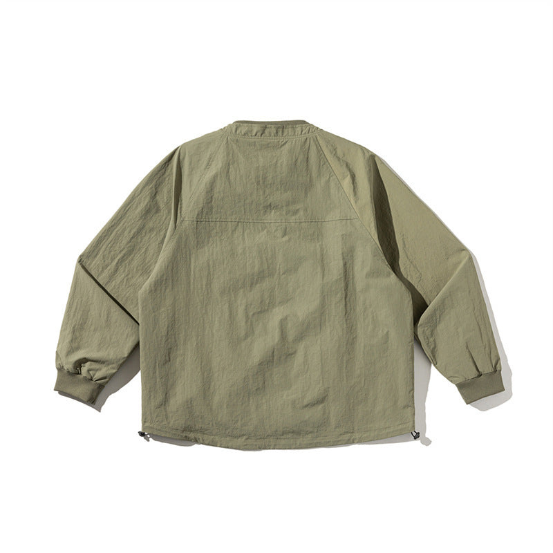 Unisex Leichte Boxy-Fieldjacke ohne Kragen mit Raglanärmeln, aufgesetzten Klappentaschen und Kordelzug Drune