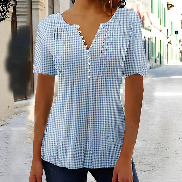 Damen nan leichte Karobluse mit V-Ausschnitt, Zierknopfleiste und Stufenvolant Drune