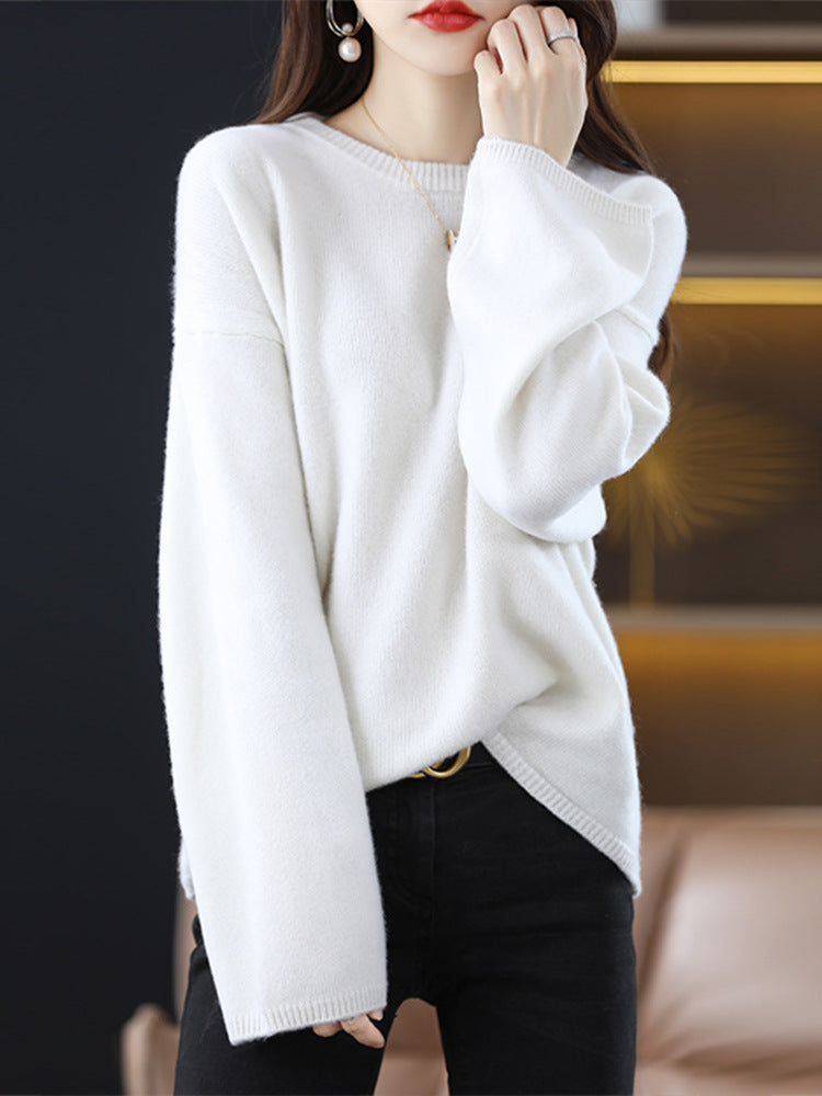Damen weicher Strickpullover mit weitem Schnitt und legerem V-Ausschnitt Drune