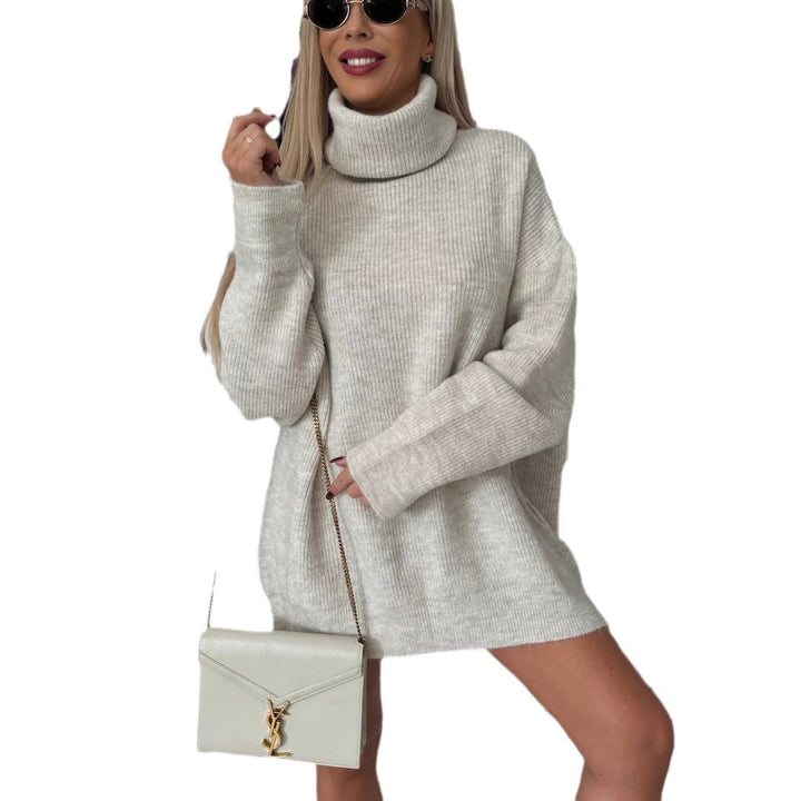 Damen Lässiges Oversized Strick-Minikleid mit hohem Rollkragen und Ballonärmeln Drune