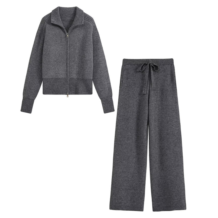 Damen Strick‑Lounge‑Set mit Stehkragen‑Zipperjacke und weiter Bundhose Drune