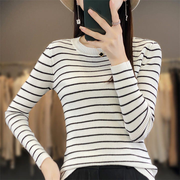 Damen Schmal geschnittener Feinstrick-Pullover mit dezenter Streifenstruktur und Rundhals Drune
