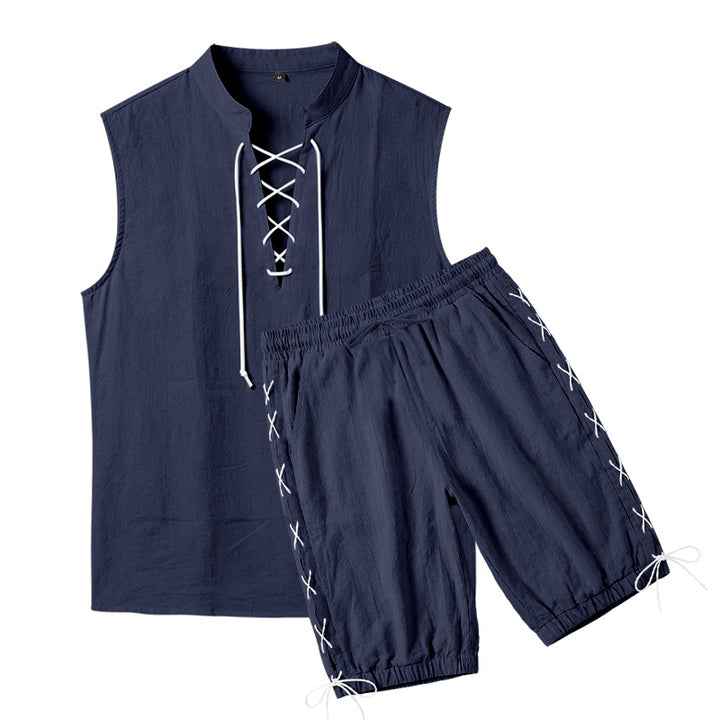 Herren nan ärmelloses Freizeit-Set mit Schnürkragen und Kordelzug-Bermuda Drune