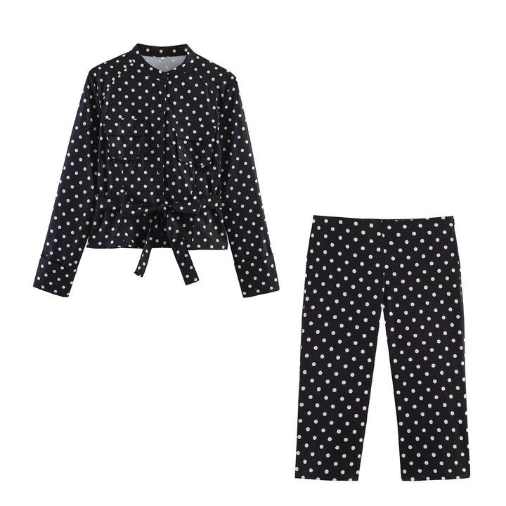Damen Gepunktete Taillierte Blusenjacke mit Stehkragen, Brusttaschen und Taillenband Drune