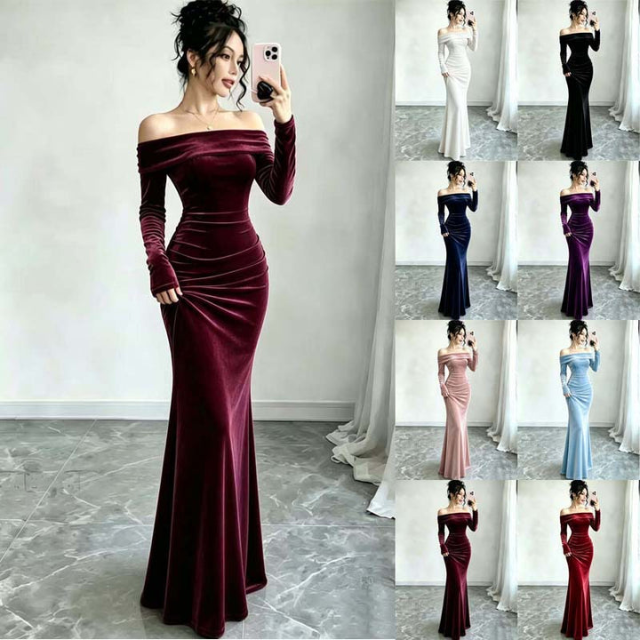 Damen Langes Samtabendkleid mit Carmenausschnitt und tiefem Rückenausschnitt Drune